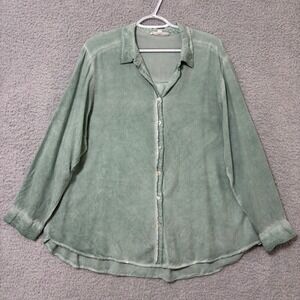 Work Casual Button Blouse Roll Tab Sleeve Sage Green Rayon Top 1X